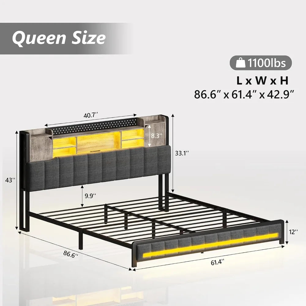 Queen Bed Frame with Storage Bookcase Headboard & LED Lights, Upholstered Bed Frame Queen Size with USB Charging Station, Heavy