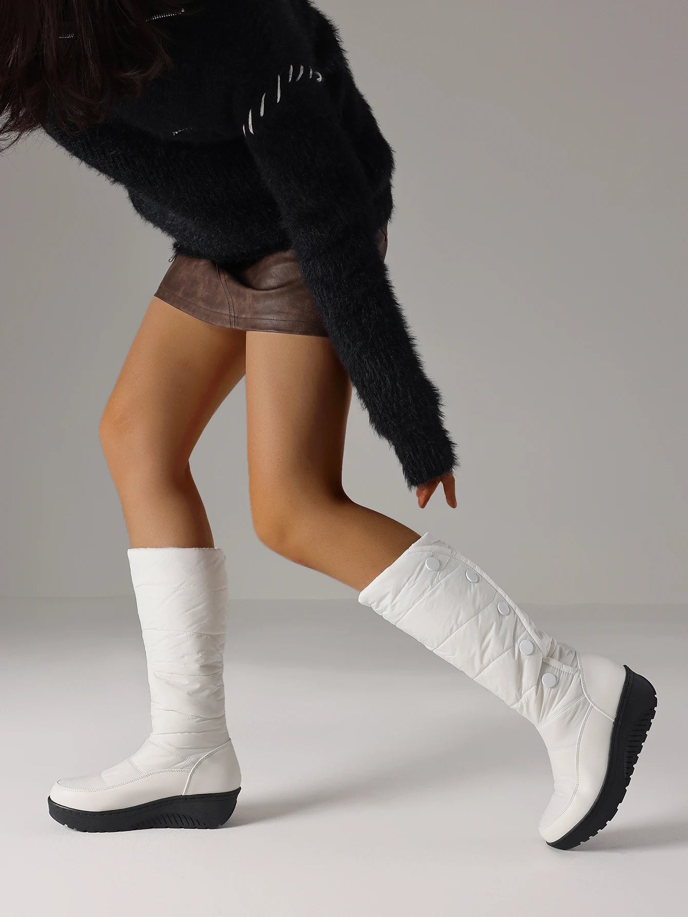 Comfy Women Snow Boots Slip On Round Toe Wedges Heel Plaform Mid Calf Shoes Luxury Warmplush Fluffy Winter Shoes Woman