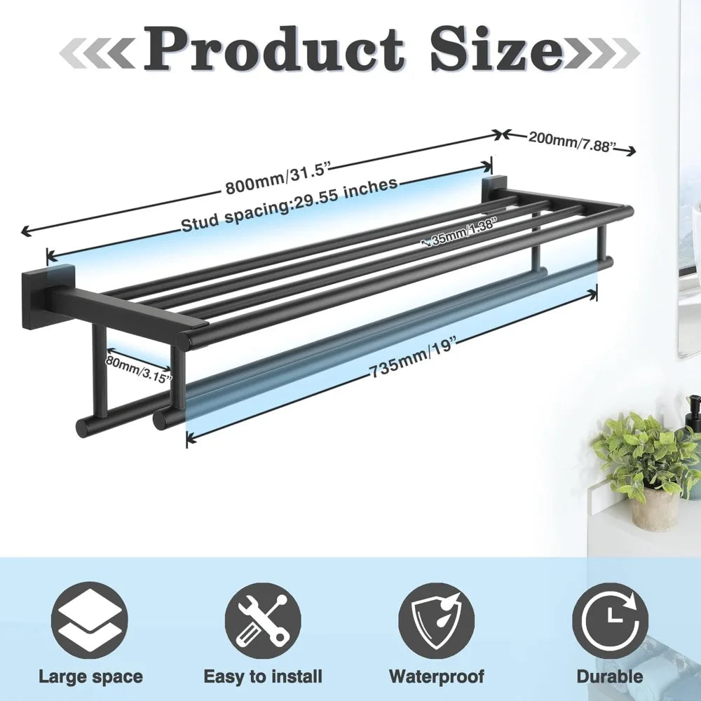 Stainless Steel Double Towel Bar with Shelf, Wall Mount Bathroom Towel Holder, Matte Black for Modern Home Decor