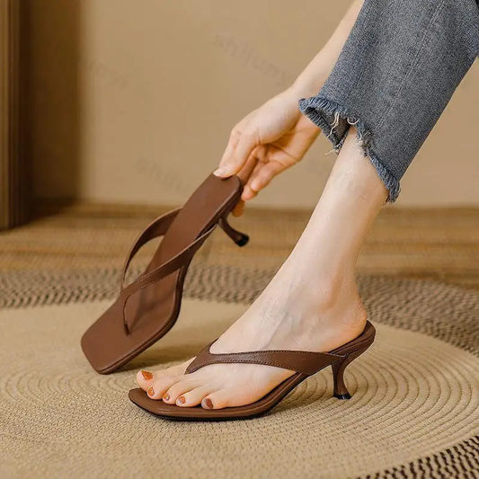 Women Slippers Female Clip Toed High-heeled Slippers Casual Footwear Slides Ladies Square Toe Fashion 2025 Summer Flip Flops
