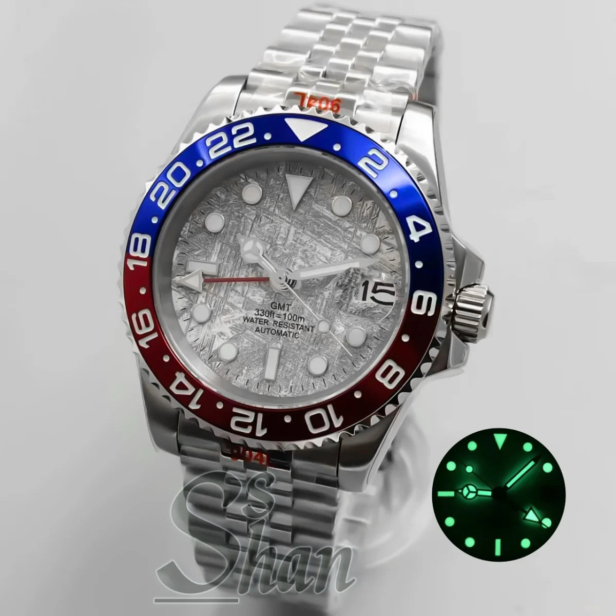 Customized logo luxury 40mm NH34 GMT mechanical watch ceramic bezel sapphire glass green luminous dial water-resistant to 10ATM
