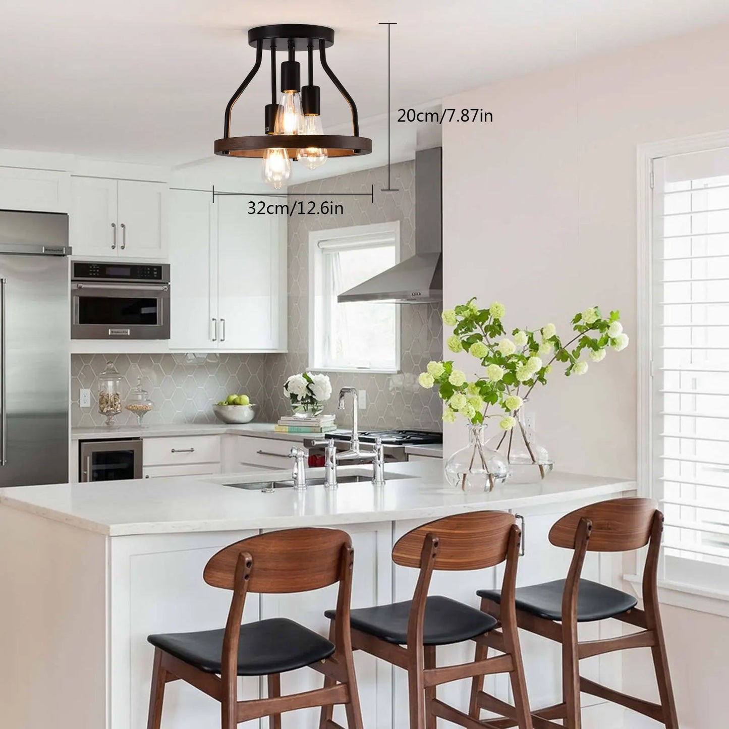 LOYALHEARTD Farmhouse Chandelier Semi Flush Mount Ceiling Light Fixture 3-Light Wooden Vintage Metal Pendant Lamp Shade