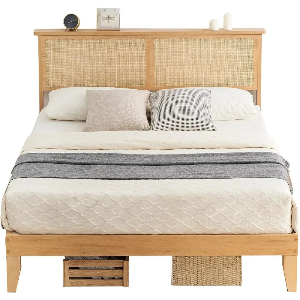Queen Size Rattan Bed Frame with Natural Headboard, Bohemian Style, LED Lighted Wooden Bed