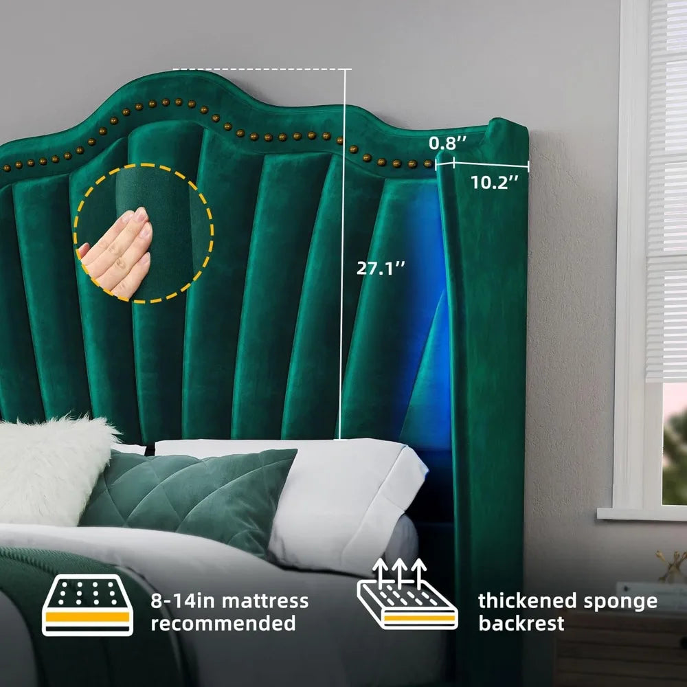Queen Size DWVO Platform Bed Frame with 60 Tall Velvet Wingback Headboard and Footboard, LED Lighted, Solid Wood Construction