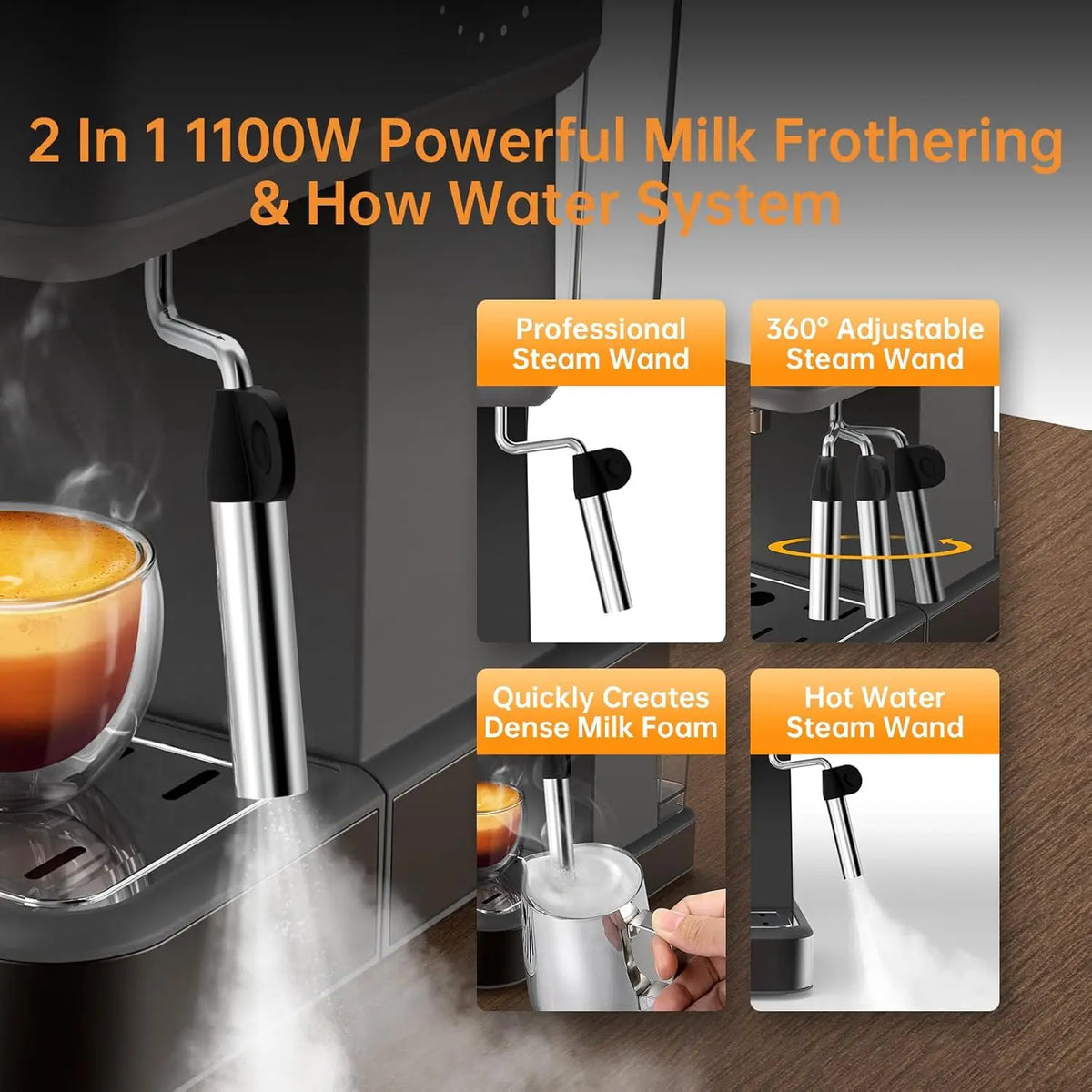 Espresso Machine 20 Bar, Stainless Steel Coffee Maker with Milk Frother, 60oz Removable Water Tank for Home