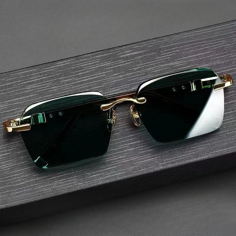 Fashion Square Rimless Sunglasses Women Men Crystal Dark Green Lens Sun Glasses Retro Glasses Outdoor Driving Eyeglasses