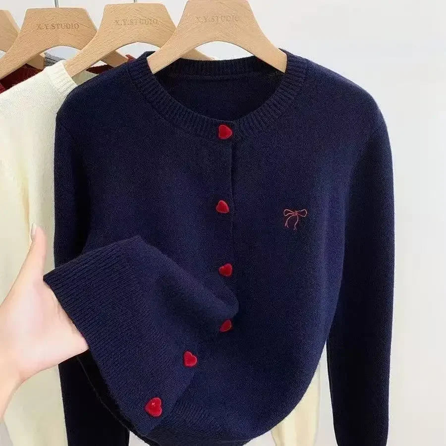 2025 Korean Casual Solid Knitting Tops Women Knitted Cardigan Bow Embroidery O-Neck Single Breasted Heart-shaped Button Sweater