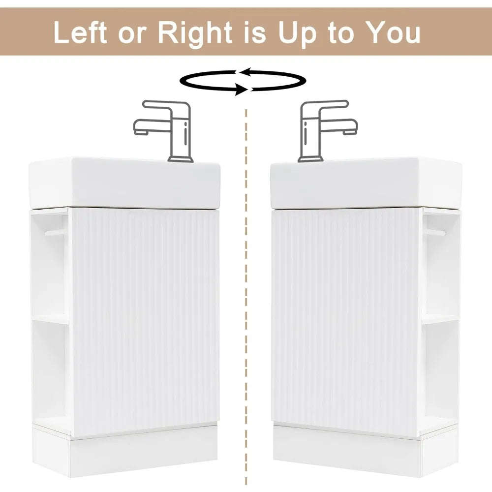 18.6" Bathroom Vanity with Ceramic Sink, Freestanding Cabinets with Open Shelf and Toilet Paper Holder, Left or Right Door Orien