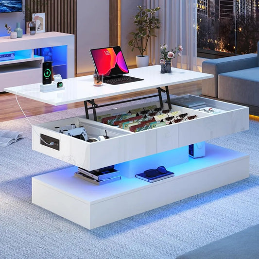 Large Modern High Gloss White Coffee Table with Lift Top and LED Lighting, Storage Drawer for Living Room