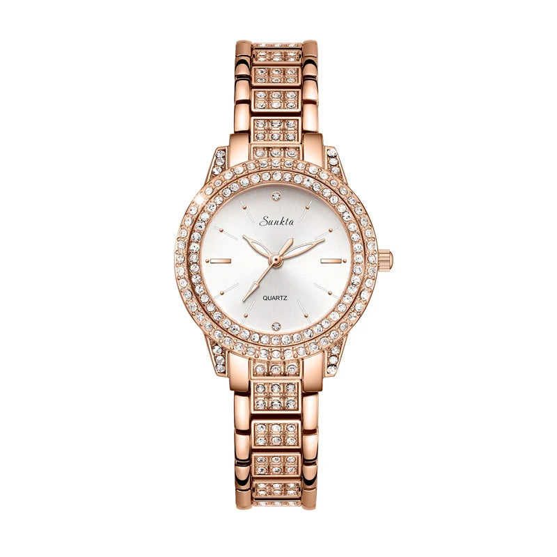 SUNKTA Womens Watches Fashion Original Quartz Wrist Watch for Ladies Roman Dial Dazzling Diamond Waterproof Luminous Luxury