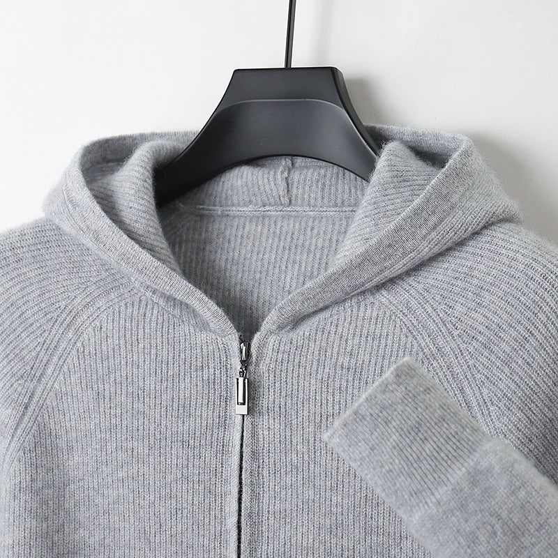 Men 100% Merino Wool Sweater Hooded Zipper Cardigan Autumn Winter Thickened Knit Large-size Jacket Long Sleeved Sportswear Coat
