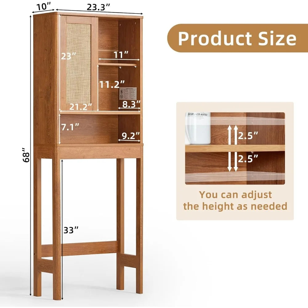 Over Toilet Storage Cabinet with Rattan Sliding Door, 68 Tall Wood Bathroom Organizer with Adjustable Shelves
