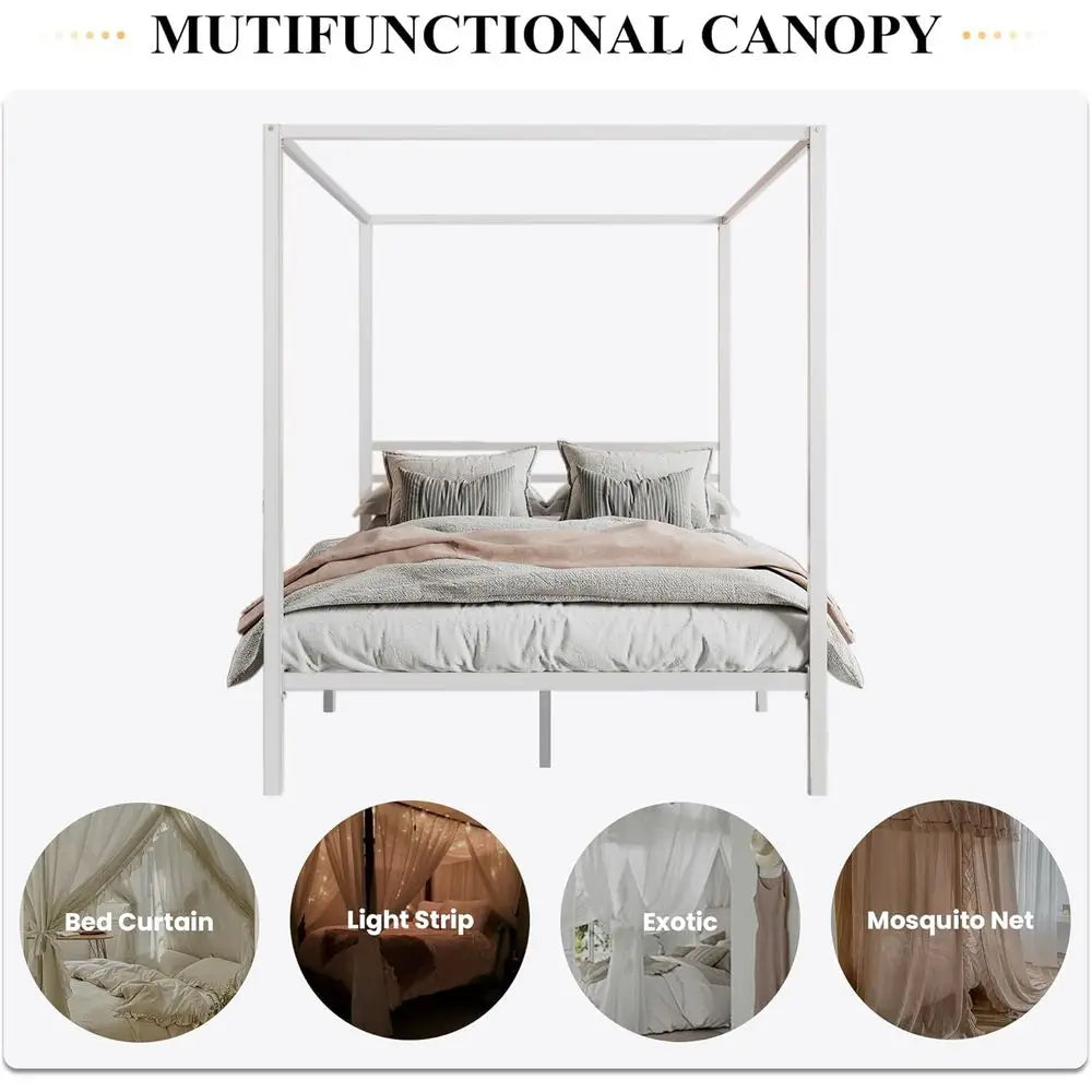 Full Size White Metal Slat Canopy Bed Frame with Mattress Support, No Box Spring Needed, Easy Assembly