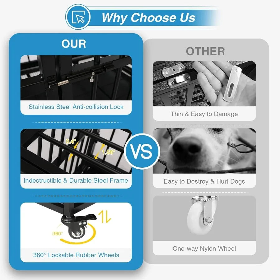 Heavy Duty Dog Kennel 37-Inch with Indestructible Steel Frame Portable Design Featuring Wheels Double Doors for Easy Access Stu