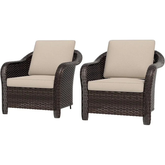 2-Piece Outdoor Wicker Chair Set All-Weather Patio Rattan with Seat & Back Cushion Ideal for Porch Backyard Balcony
