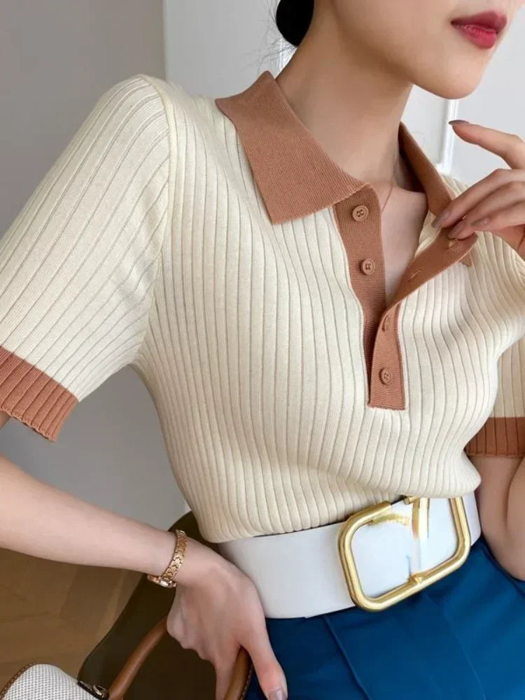 Women Clothing Temperament Elegant Knitted Contrast Tops Summer Fashion Commute POLO Short Sleeve Chic Button Slim T-shirt