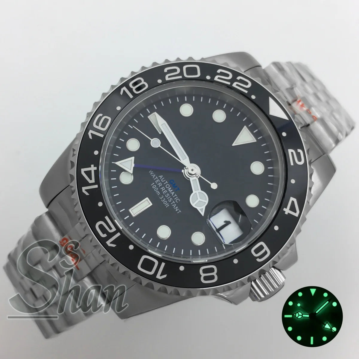 Customized logo luxury 40mm NH34 GMT mechanical watch ceramic bezel sapphire glass green luminous dial water-resistant to 10ATM