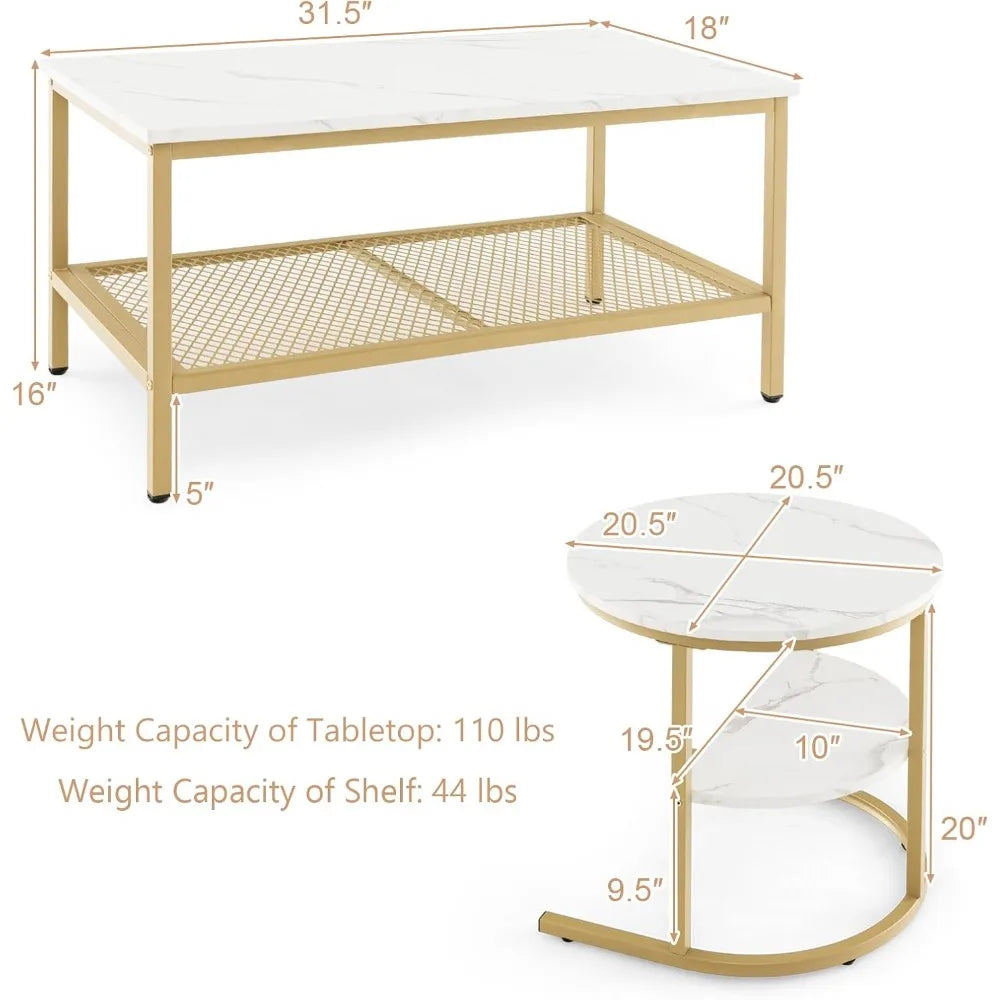 Nesting Coffee Table Set of 2, Detachable Rectangular Coffee Table & Small Round End Table Set, Faux Marble Pattern & Sturdy Me