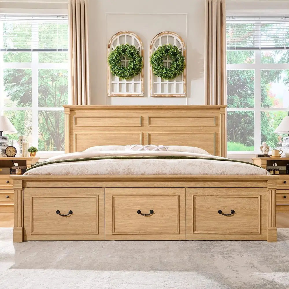 Natural King-Size Farmhouse Bed Frame with 51 High Headboard, Roman Column Footboard, and 3 Storage Drawers - No Box Spring Need