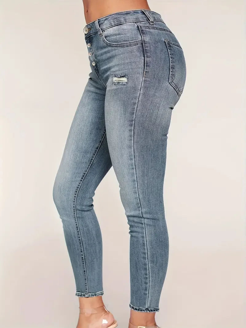 Women's Chic Ripped Pocket Jeans, Single Breasted Button Open and Close, Skinny Stretchy Denim Pants - Solid Color