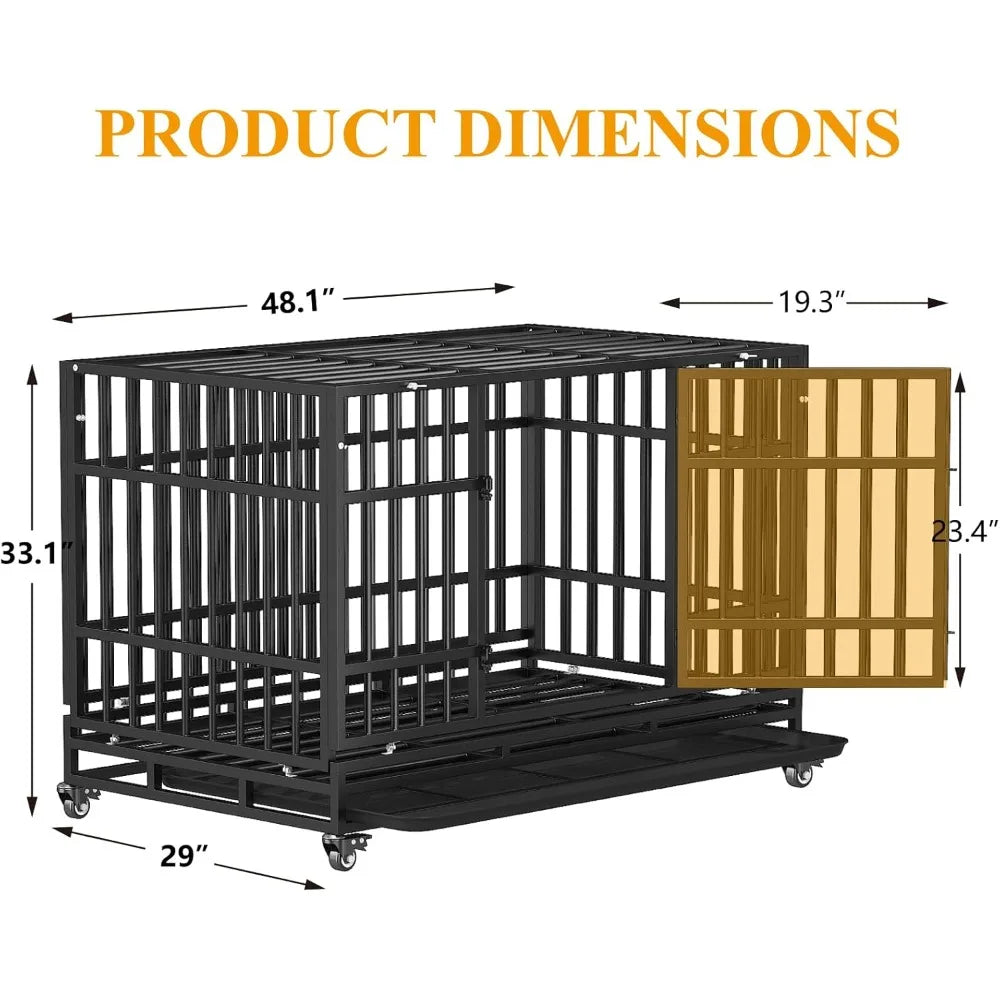 48 Inch Heavy Duty Dog Crates, Escape Proof Dog Cage Large Dogs with Wheels, Indestructible Steel Dog Cage with Upgraded