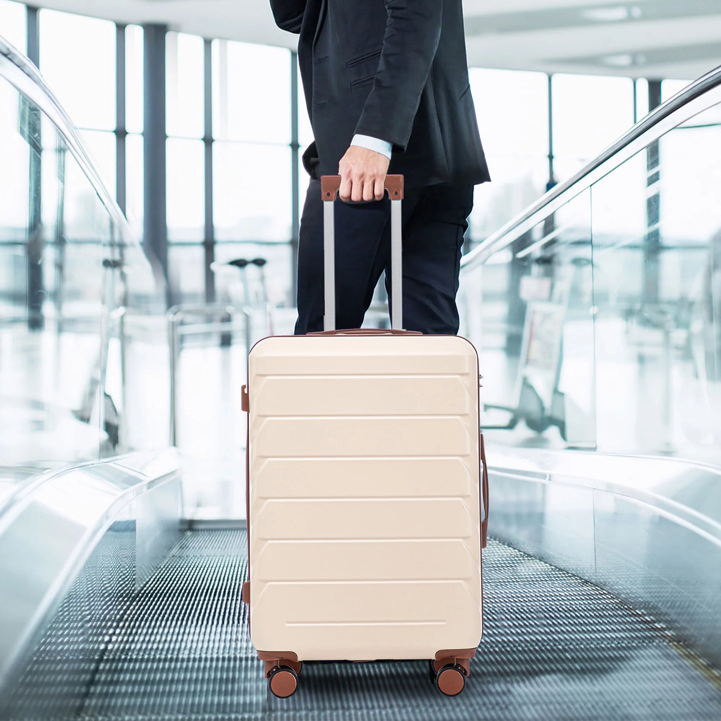 3 in 1 ABS&PC Trolley Box 20in 24in 28in Trolley Box Iron Tie Rod ABSPC Alloy Beige  luggage travel bag suitcase set