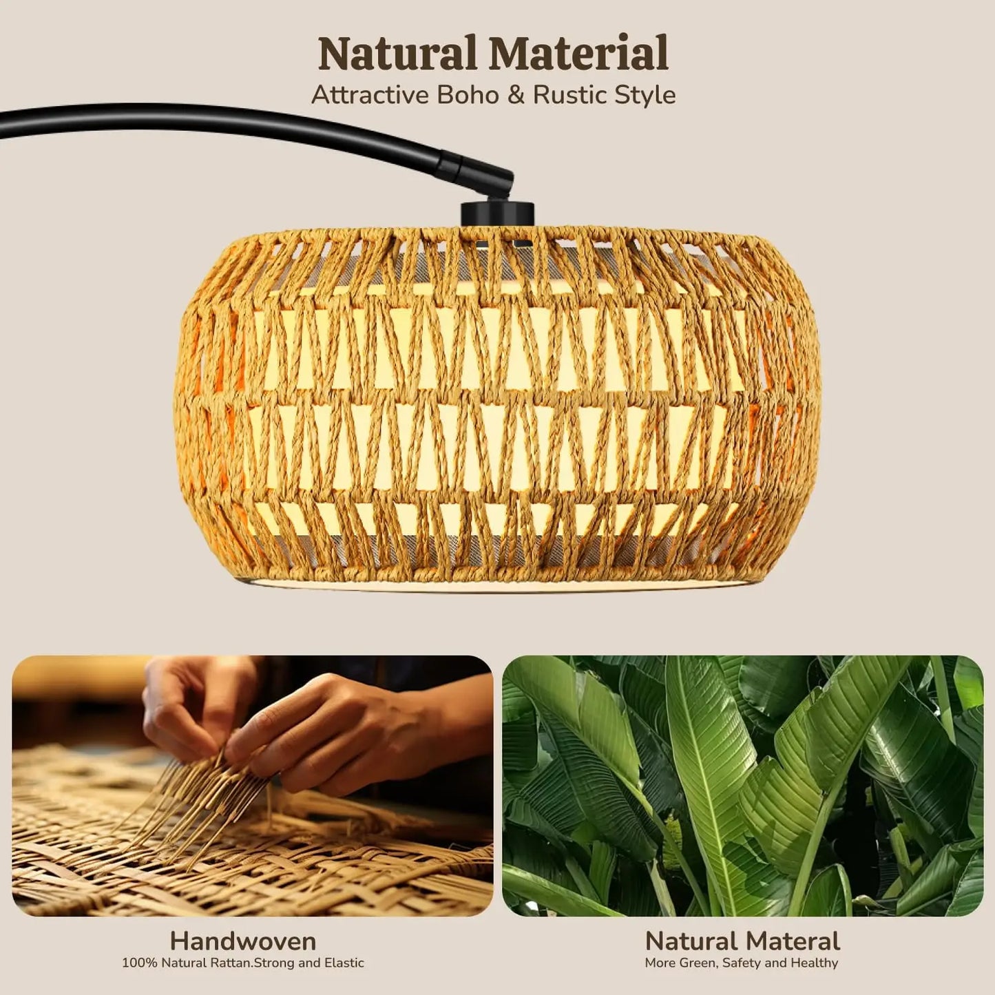 Arc Floor Lamp, Rattan Boho Standing Lamp with Remote, 3-Temperature Dimmable LED, Black Floor Light for Living Room, Bedroom, C