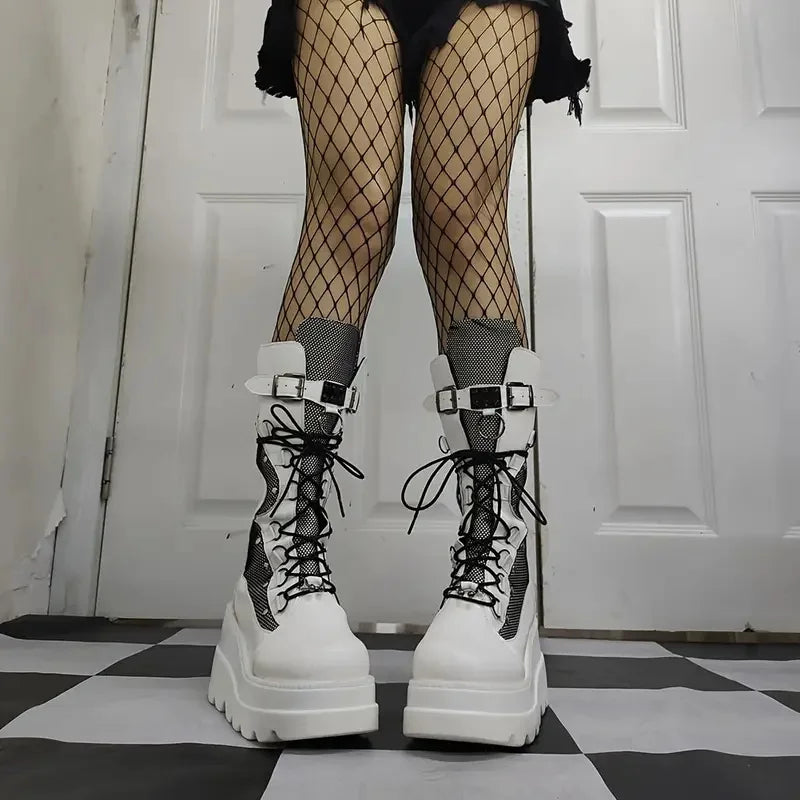 Women Goth Combat Boots Punk Boot Casual Wear Fashion Footwear with Lace-Up & Zipper Closure Wedge Heel Platform Ankle Boots US