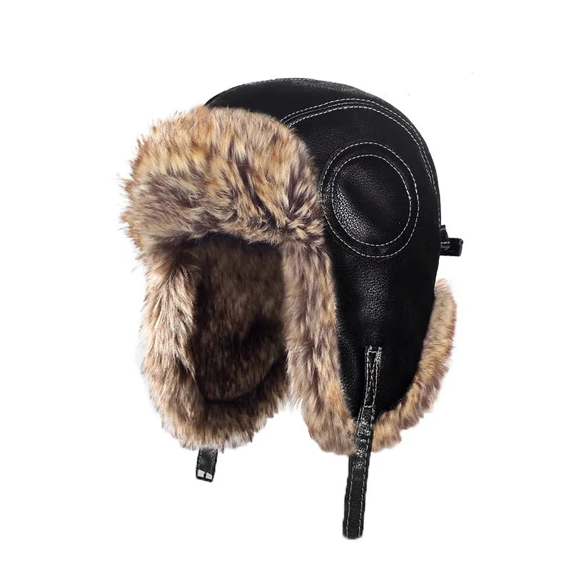 Unisex Aviator Hat Faux Leather Pilot Cap Winter Trapper Hunting Hat Windproof Russian Ushanka Thermal Thick Padded Winter Hat