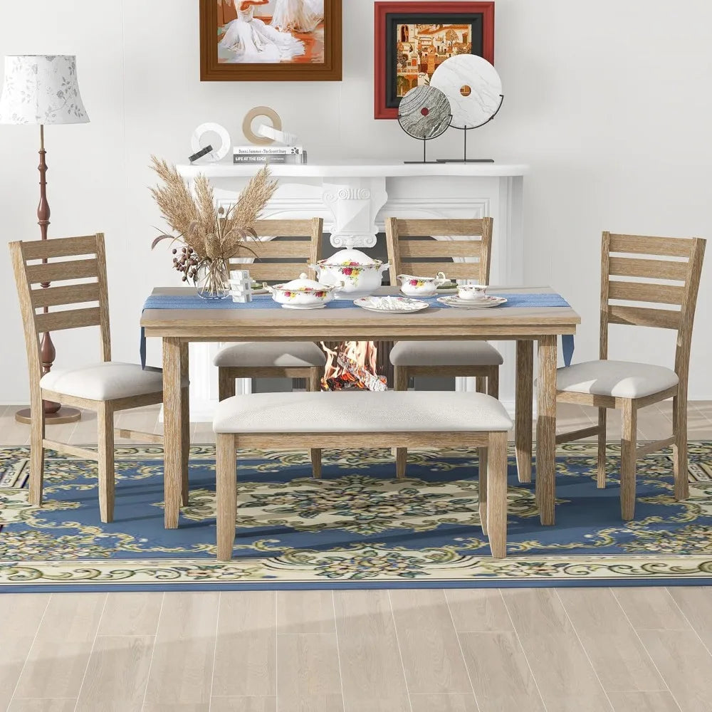 6-piece dining table set with bench for 6 rectangular kitchen table set with 4 chairs & bench retro dining room table and chairs