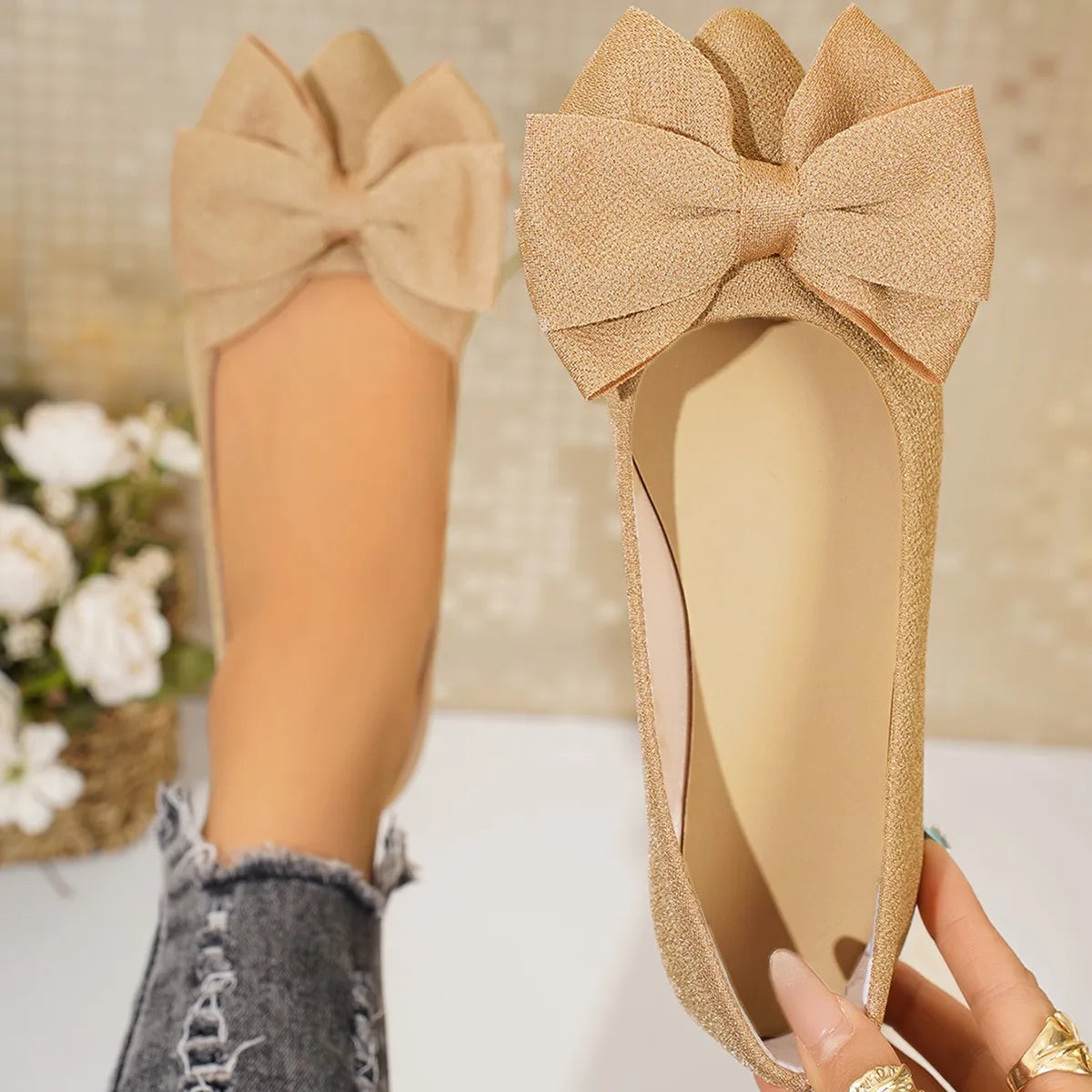 Women Flats Bowtie Pointed Toe Shoes Female Walking Dress Shoes Spring Fashion Casual Footwear Shallow Zapatillas Mujer