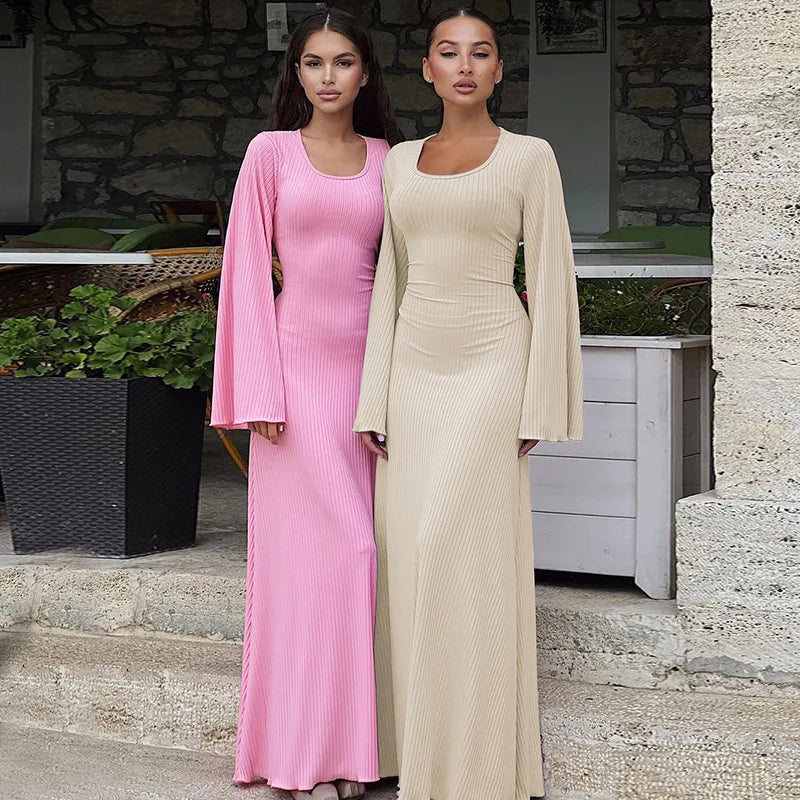 Women's clothing 2025 autumn new product fashionable loose U-neck back tied long sleeved dress
