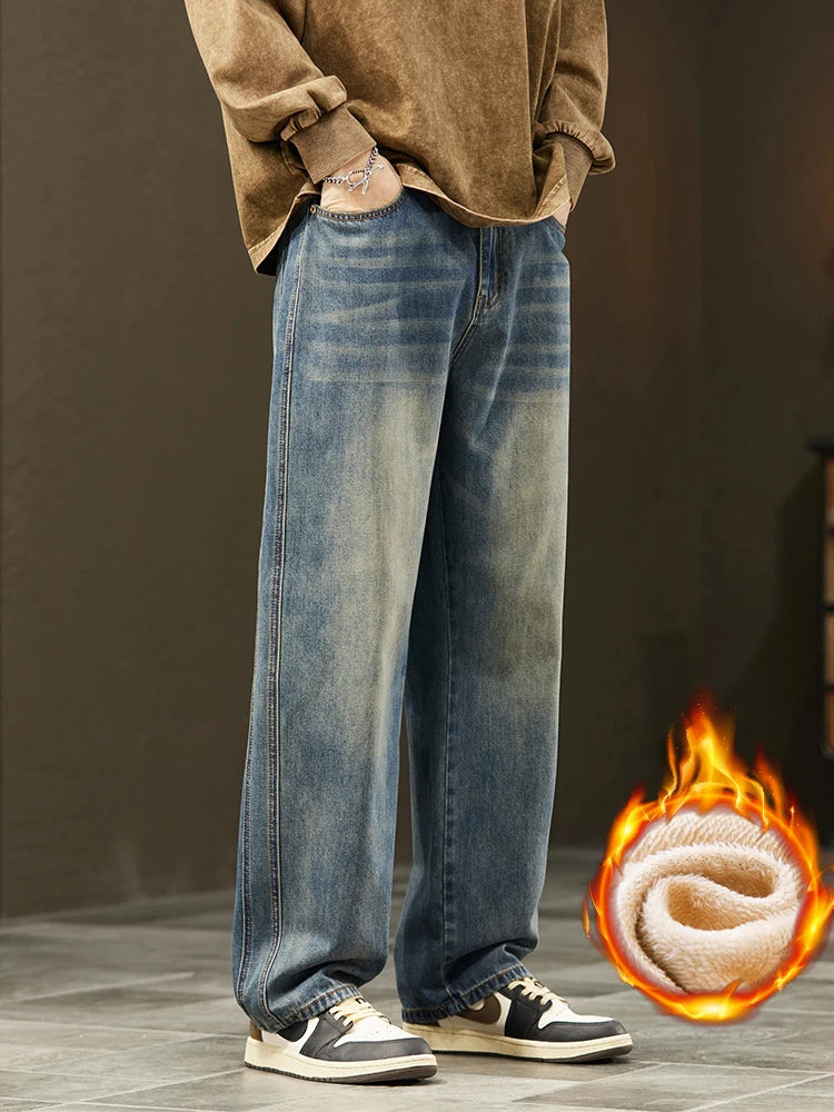 Winter Warm Fleece Jeans Men's Thickened Loose Wide-leg Denim Pants Vintage Wash Casual Straight Velvet Trousers Streetwear