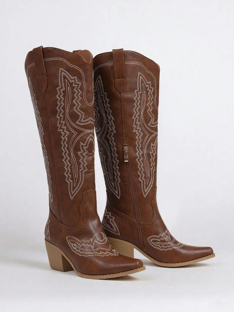 Vintage Embroidered Western Cowgirl Boots For Women Point Toe Chunky Heels Cowboy Knee High Boots Outdoor Shoes Fall Winter