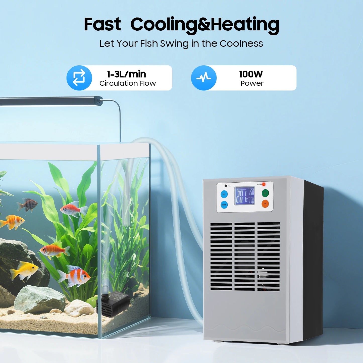 100W Fish Tank Cooling Heating Machine, Aquarium 30L Fish Tank Water Heater Air Conditioner LED Screen 10-40°C Control