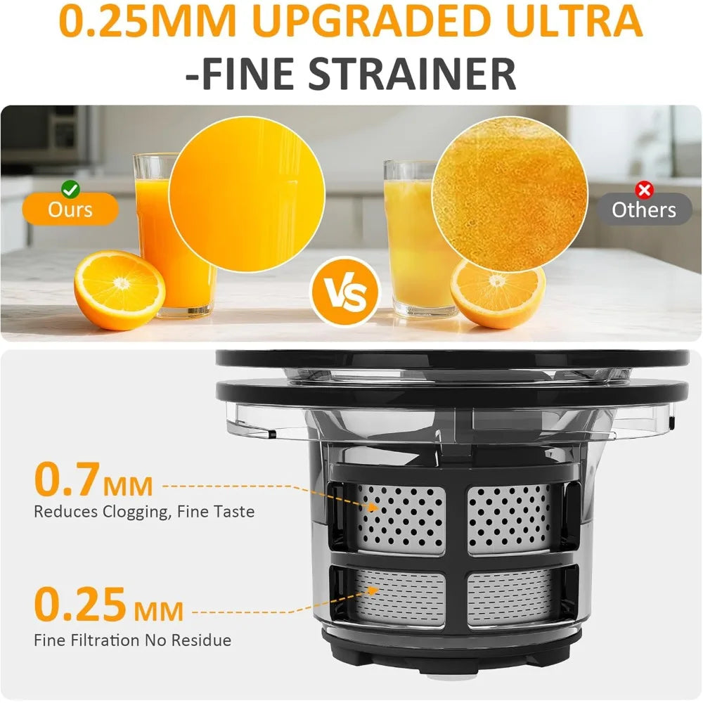 Cold Press Juicer with 5.9 Wide Feed Chute, 250W Slow Masticating Juicer Machines Fit Whole Vegetables & Fruits, Easy to