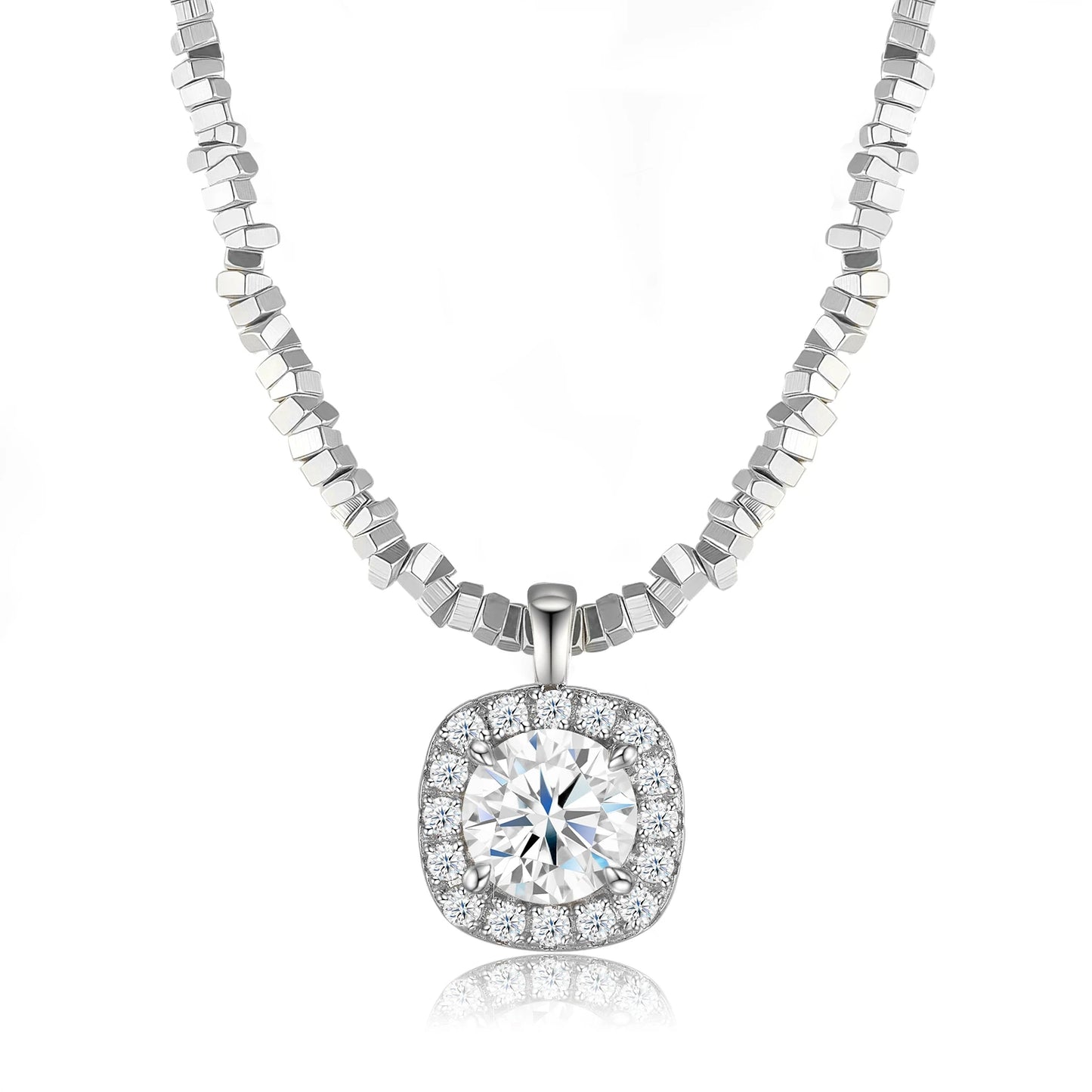 JIUZUAN Sparkling Moissanite Square Pendant Necklace S925 Silver Plated 18K White Gold Luxury Polished Moissanite Necklace