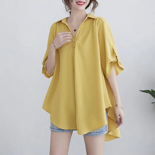 Women's Clothing White Shirt Summer Chiffon Loose Fit A-Line Waist Slimming Elegant Casual Office Ready New Yellow