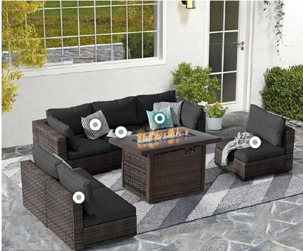 7 Piece Patio Furniture Set with Fire Pit Table, Rattan Outdoor Sectional Patio Conversation Sets with Seat Cushions for Backyar