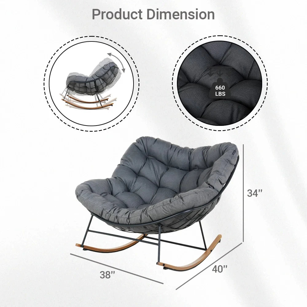 Outdoor Rocking Chair , E-Coated Papasan Rocking Chair with Cushion, Oversized Recliner Rocker for Patio Porch Garden