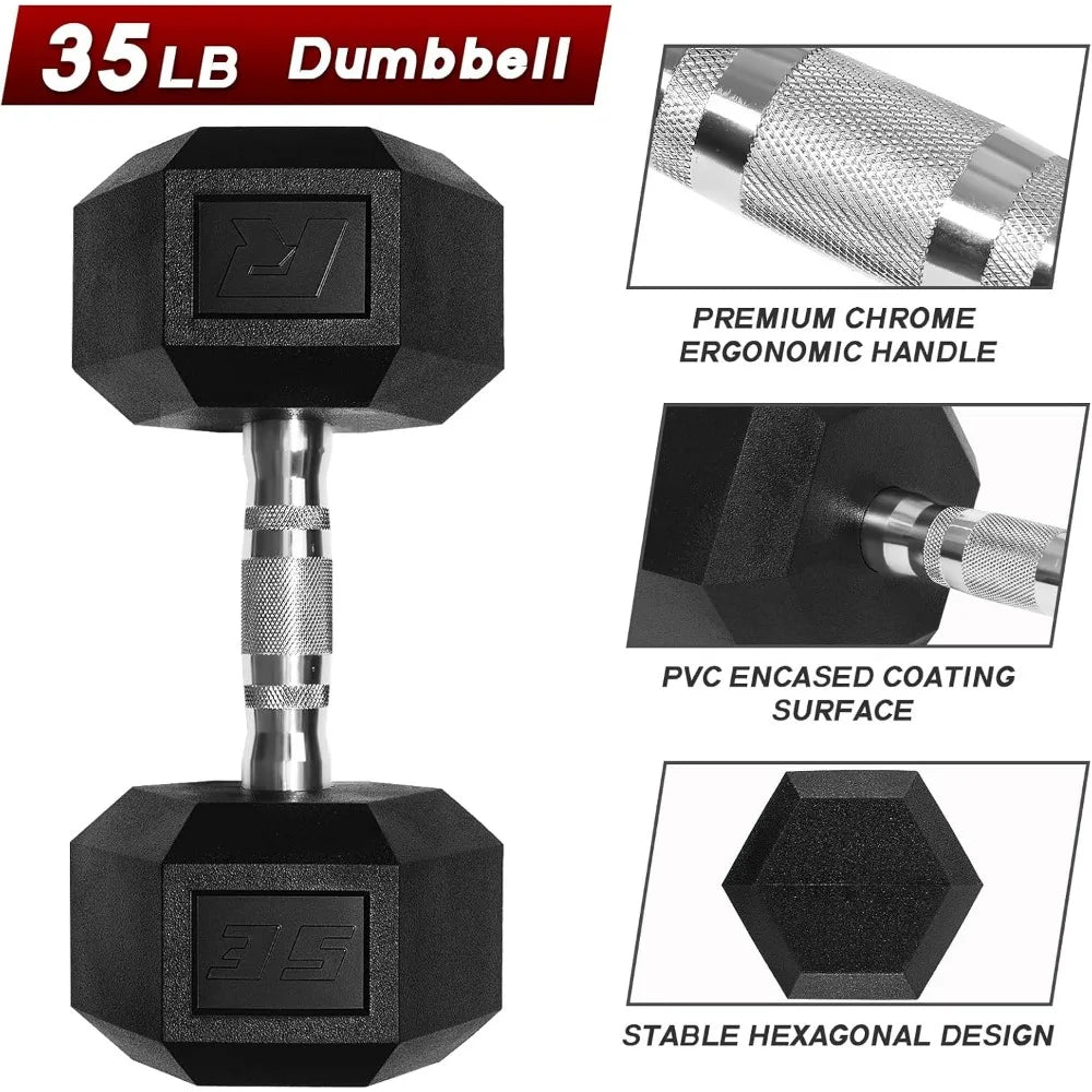 RitFit 5-650 LBS PVC-Coated Hex Dumbbells with Optional Storage Rack for Home Gym, Chrome Handle Hand Weights for Strength Train