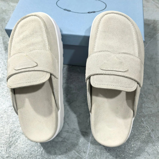 Women's new style half-slippers with closed toe, outer wear, genuine leather mule slippers, flat lazy shoes