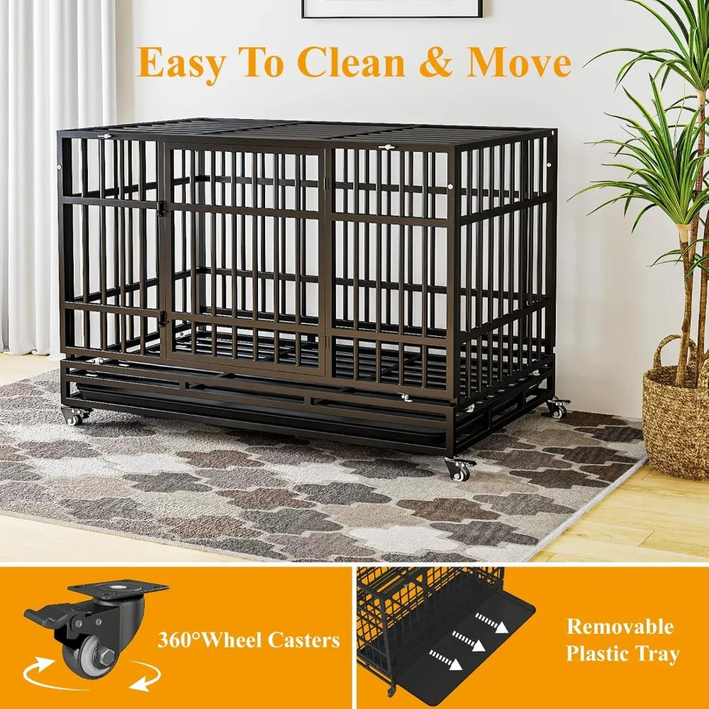 48 Inch Heavy Duty Dog Crates, Escape Proof Dog Cage Large Dogs with Wheels, Indestructible Steel Dog Cage with Upgraded