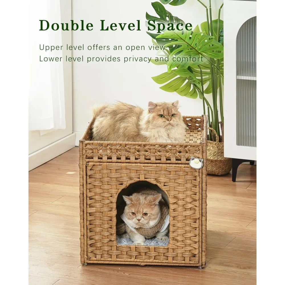 Cat Beds for Indoor Cats Extra Large Double Cat Cave Pet Cube, Handwoven Rattan Cat Houses with Double-Sided Soft Cushions, 18.5