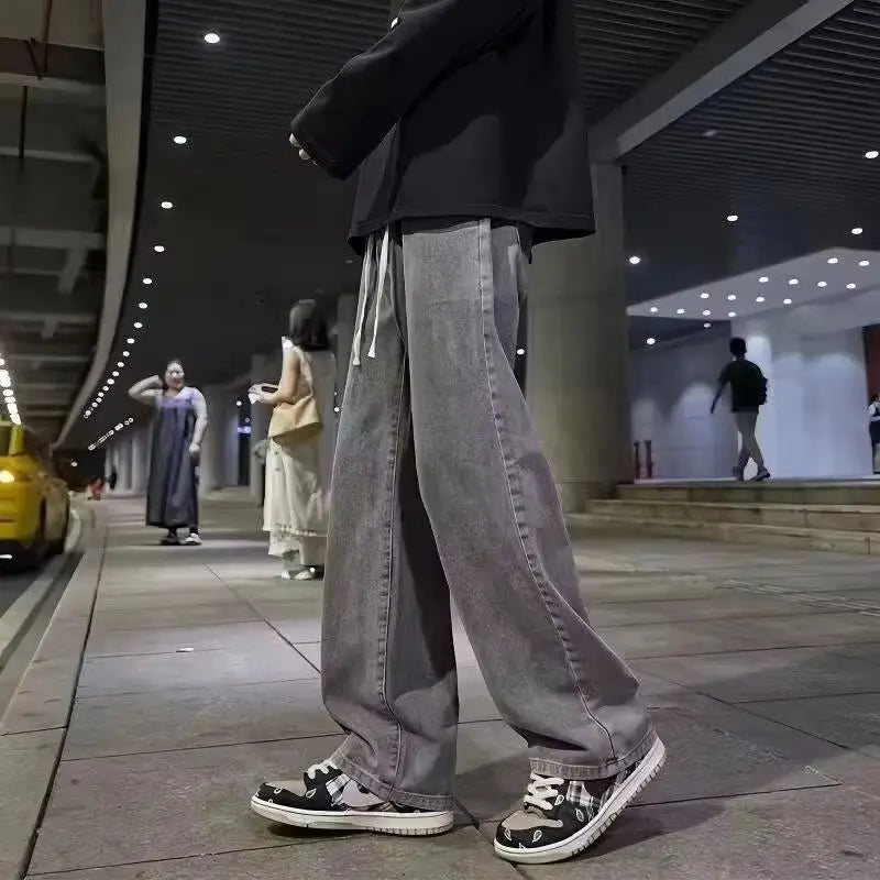 2025 New Korean Men's Casual Long Jeans Classic Man Straight Denim Wide-leg Pants Gyms Solid Color Light Blue Grey Black M-3XL