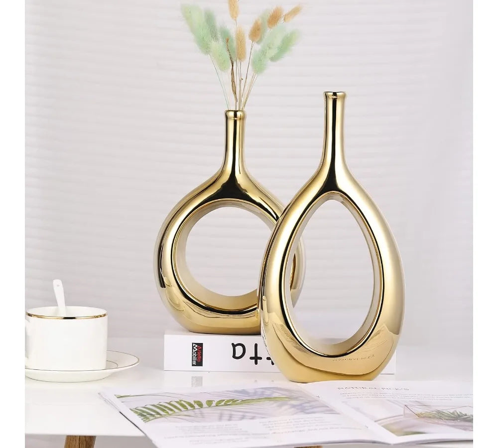 Glossy Gold Ceramic Vase Set Modern Hollow Ellipse Home Decor Centerpiece Farmhouse Rustic