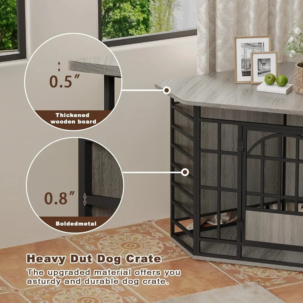 corner dog crate furniture, 52 inch large dog kennel indoor wooden end table, modern dog cage decorative pet house tv stand for