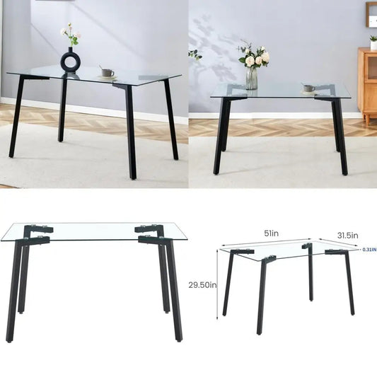 Modern Large Dining Room Table with Tempered Glass Top and Metal Legs - Spacious Home Dining Table