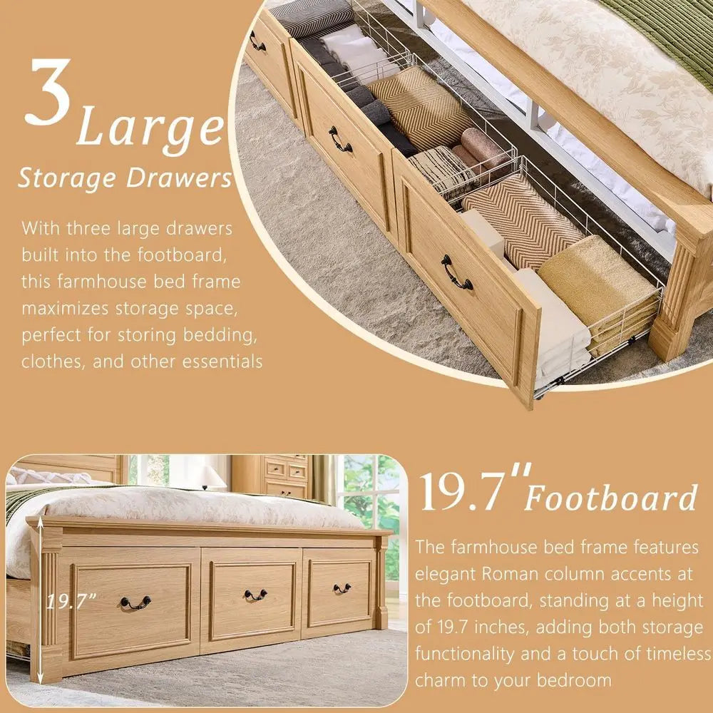 Natural King-Size Farmhouse Bed Frame with 51 High Headboard, Roman Column Footboard, and 3 Storage Drawers - No Box Spring Need