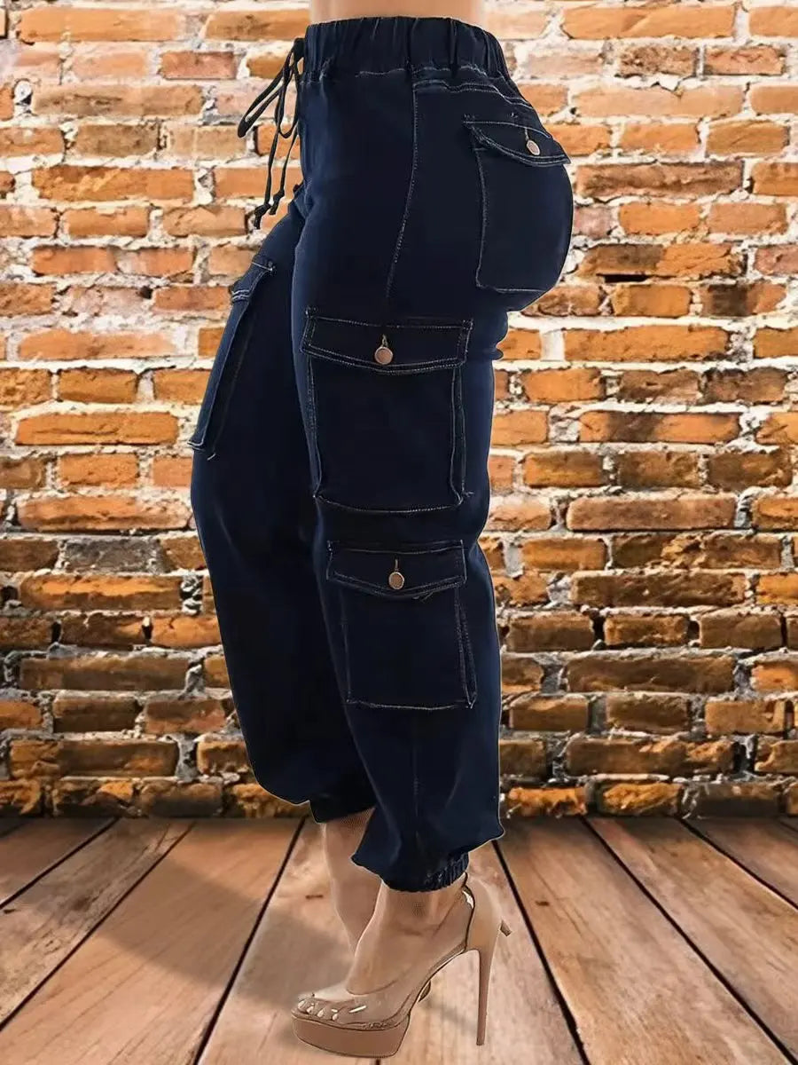 Women's Deep Blue Elastic Waist Drawstring Strap Multi Pocket Work Decoration Body Jeans